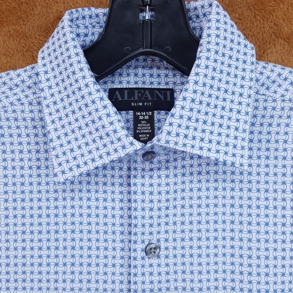 ALFANI Dress Shirt Mens Size 14 14.5 32 33 Blue Neat Geo Slim Fit Stretch